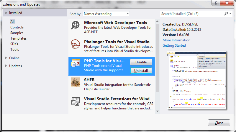 php tools for visual studio